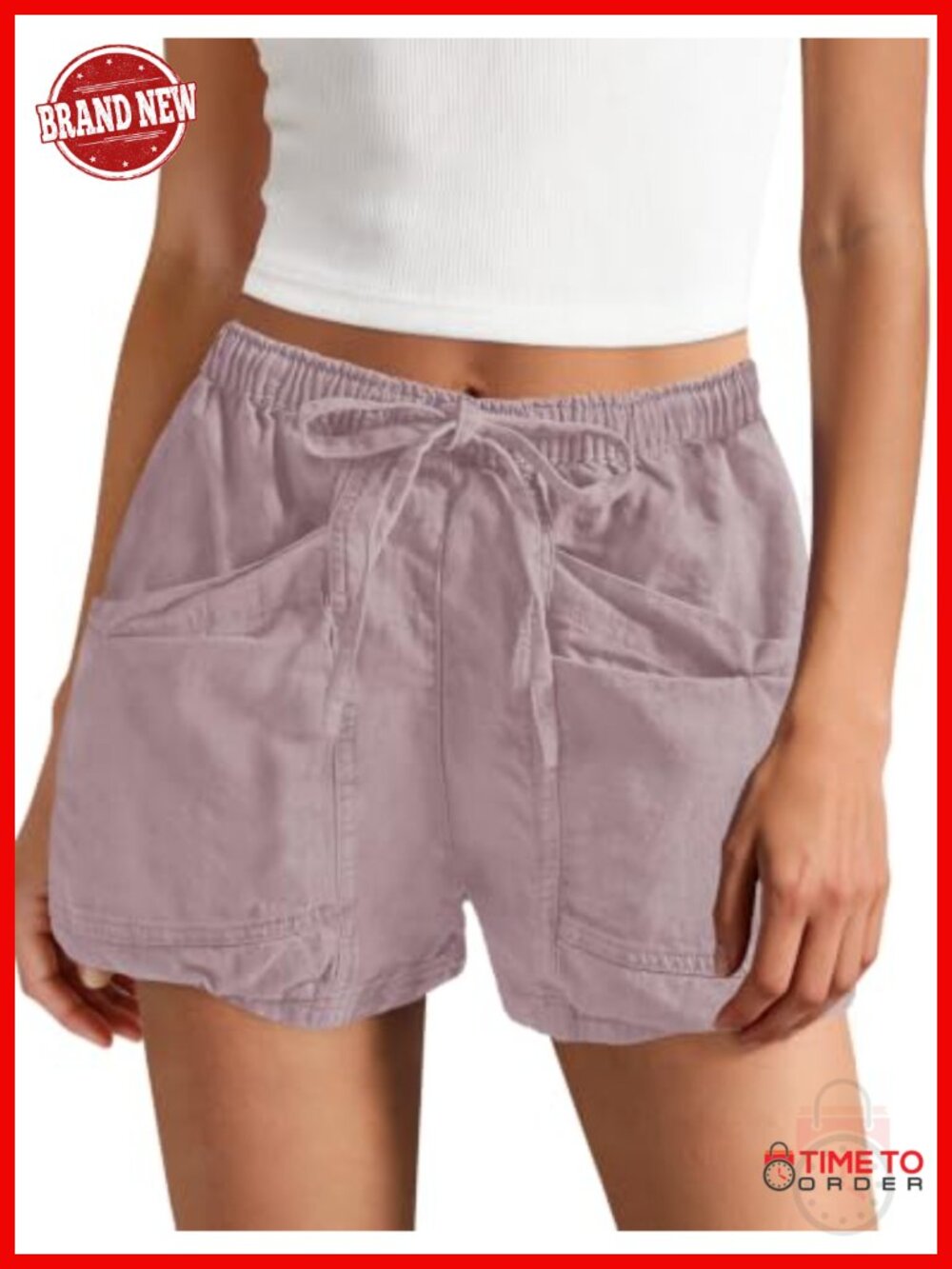 Yanekop Cotton Linen High Waisted Drawstring Cargo Shorts - Picture 2 of 3